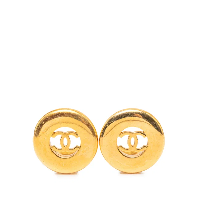 Gold Chanel CC Gold Plated Round Clip On Earrings in Gold from Designer Revival