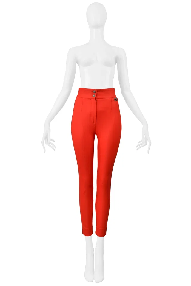 Dolce & Gabbana Red Skinny Pants With Black Piping And Logo in Black Wool from Resurrection Vintage