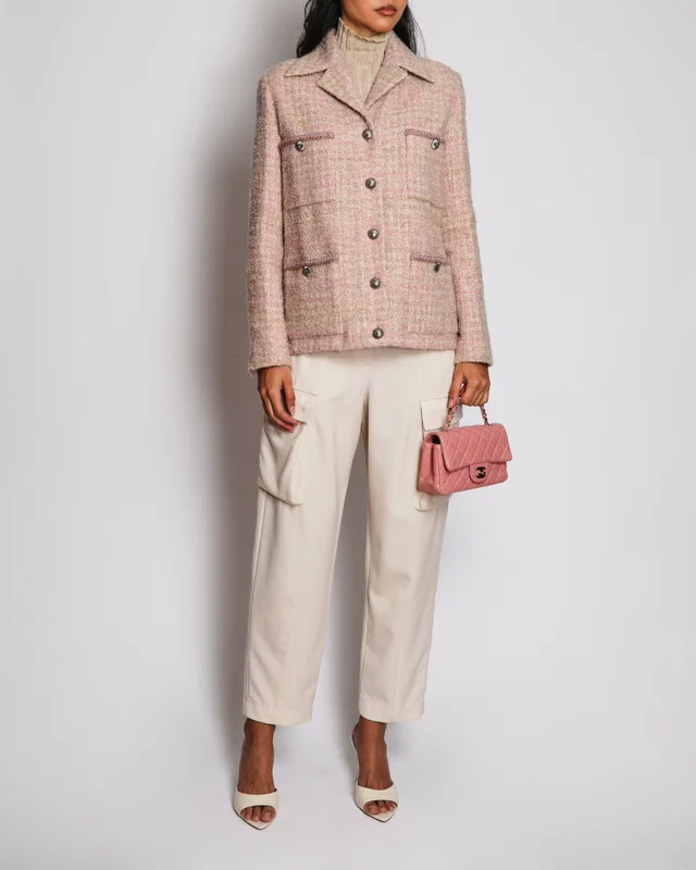 Chanel 24/A Pink and Beige Tweed Jacket with Silver CC Logo Buttons Size FR 36 (UK 8) in Beige Tweed from Sellier
