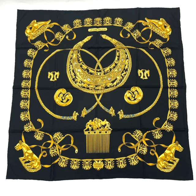 Hermès Carre 90 Les Cavaliers D'or Yellow Gold Knight Scarf Silk Black in Black Silk from The Reluxe
