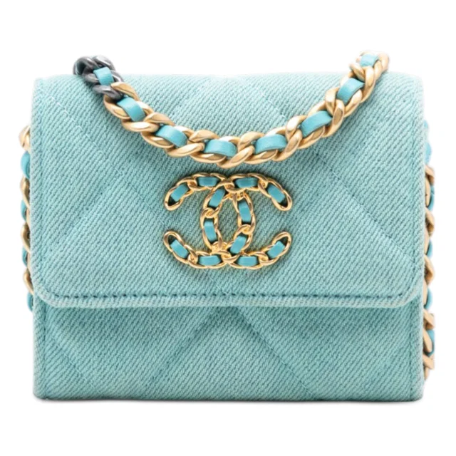 Blue Chanel Quilted Denim 19 Card Holder with Chain Crossbody Bag in Blue Denim from Designer Revival