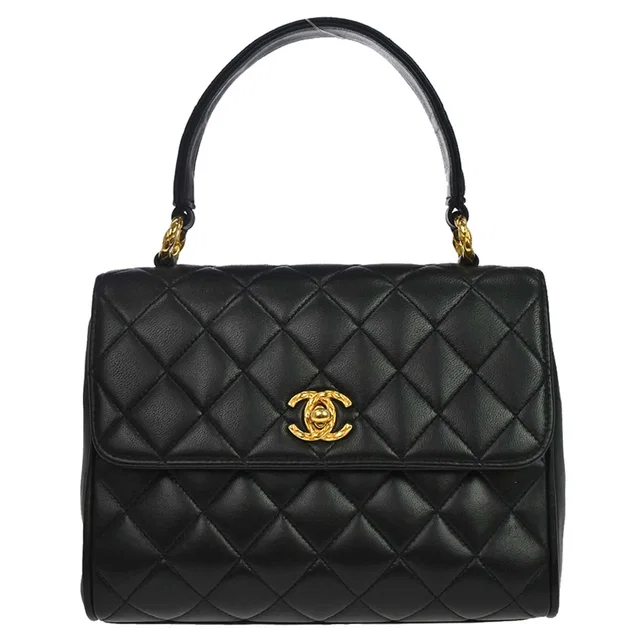 Chanel 1991-1994 Black Lambskin Straight Flap Handbag in Black Lambskin from AMORE Vintage Tokyo