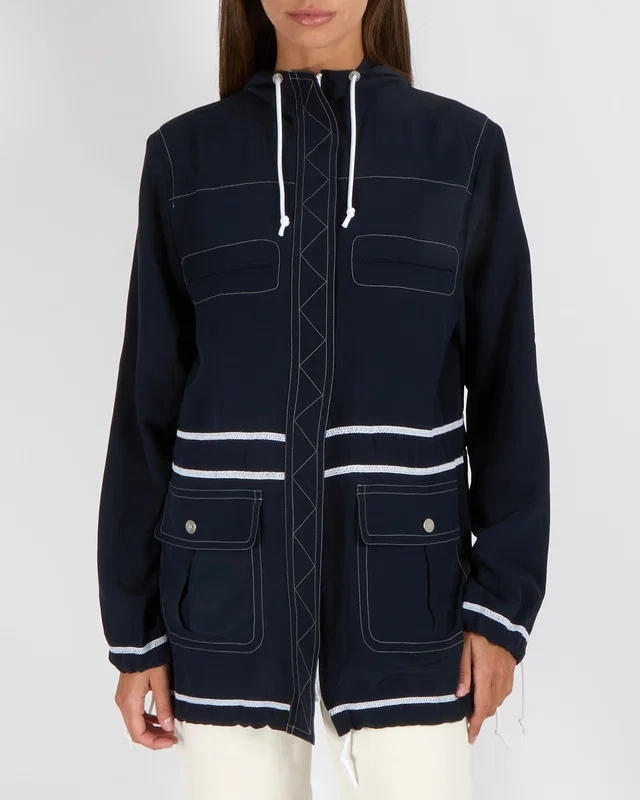 Chanel Navy and White Silk Hooded Jacket with Stitch Details and Drawstrings with Silver CC Logo… in White Silk from Sellier