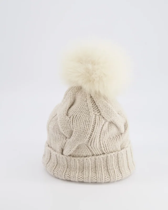 Loro Piana and Gold Beanie Hat with Fox Fur Pom in Beige Nylon from Sellier, photo 4 of 4