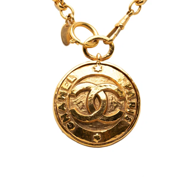 Gold Chanel CC Gold Plated Medallion Mirror Pendant Necklace in Gold from Designer Revival