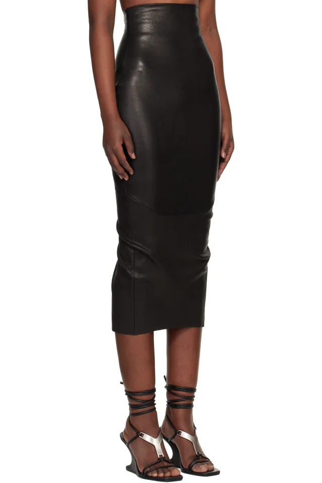 Rick Owens Black Temple Dirt Pilla Leather Midi Skirt, photo 2 of 4 from SSENSE