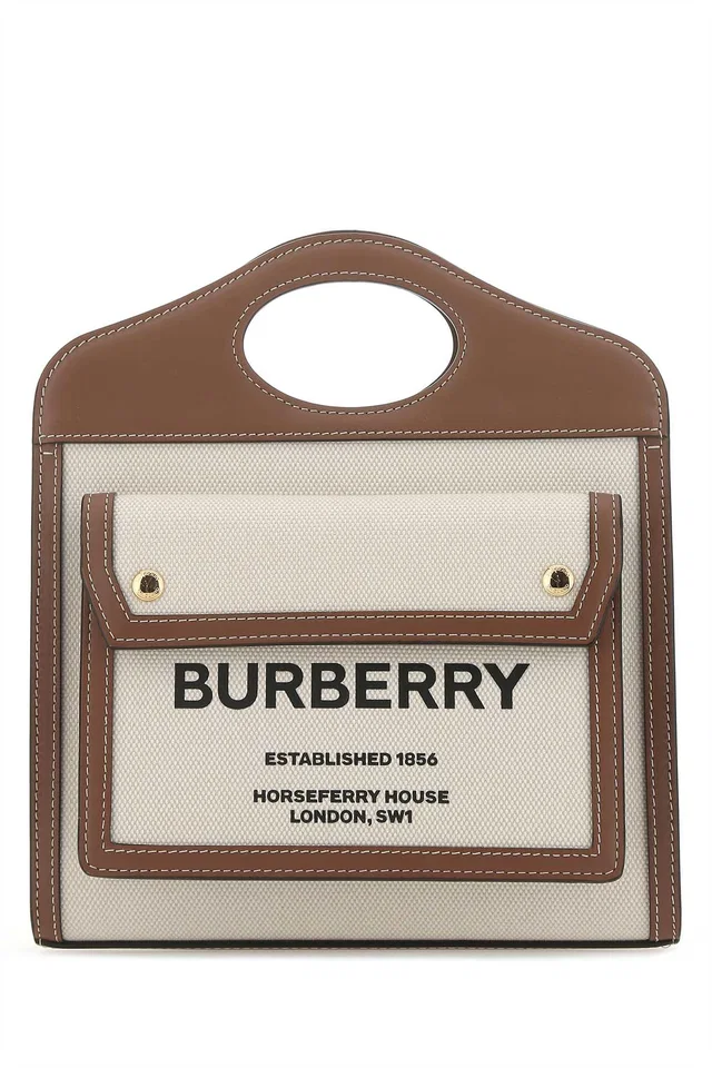 Burberry Two-Tone Canvas And Leather Top Handle Bag — Beige Cotton Polyurethane in Beige Canvas from HEWI