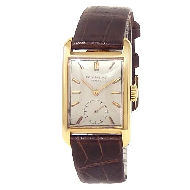 Vintage Rectangle 18k Yellow Gold Leather Silver Men's Watch 2434 | Patek Philippe | Buy at in Yellow Leather from Truefacet