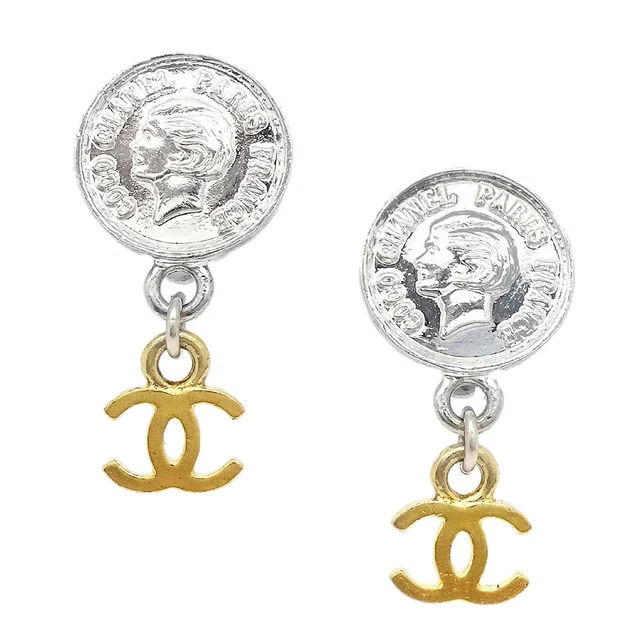 Chanel Medallion Dangle Earrings Gold Silver Clip-On 97P in Gold from AMORE Vintage Tokyo