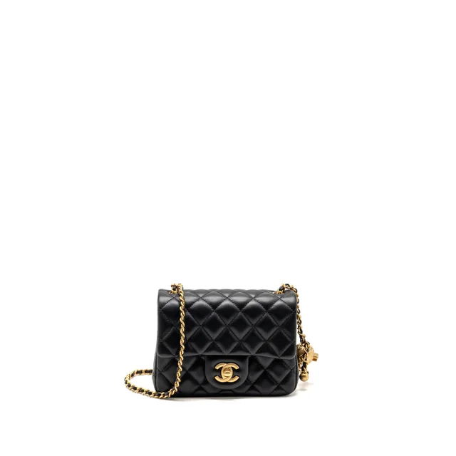 Chanel pearl Crush Mini Square Flap Bag Lambskin Black GHW (Microchip) in Black Lambskin from EMIER