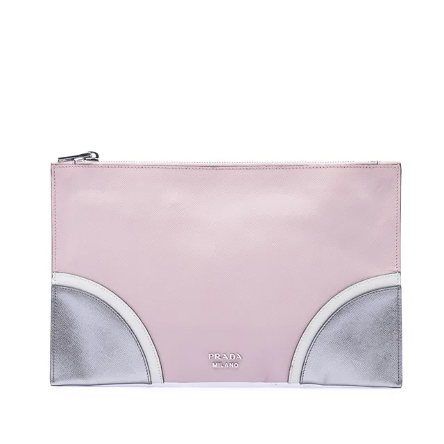 Pink Prada Tricolor Saffiano Clutch in Pink Saffiano leather from Designer Revival