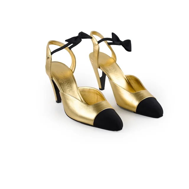 Chanel Heels with Bow Ankle Strap Gold - Size 39 in Gold Lambskin from The Purse Affair