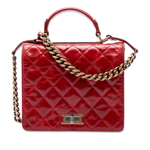 Red Chanel Large Quilted Glazed Calfskin Reissue 2.55 Rita Top Handle Flap Satchel in Red Calfskin from Designer Revival