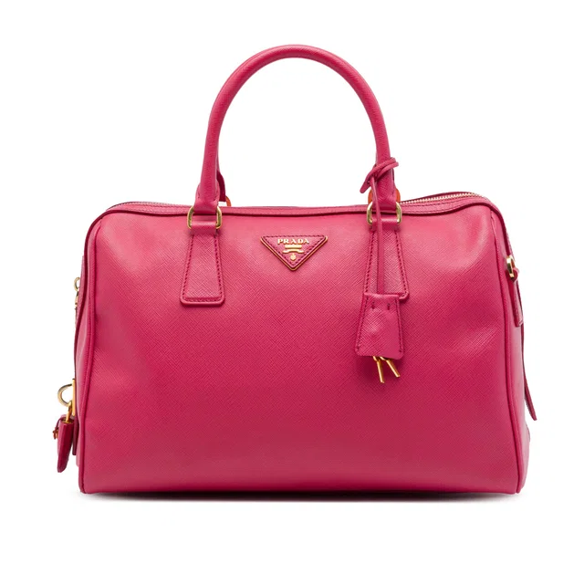Pink Prada Saffiano Lux Convertible Bowler Bag Satchel in Pink Saffiano leather from Designer Revival