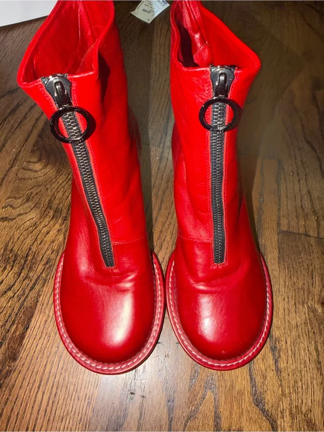Khaite Front-Zip Leather Ankle Boots With Ring Pull in red Leather from Poshmark