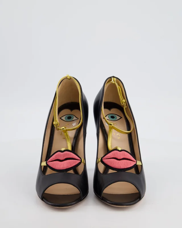 Gucci 2016 Black Molina Lips Embroidered Heels with Gold T Strap Detail Size EU 38 in Black from Sellier, photo 2 of 2
