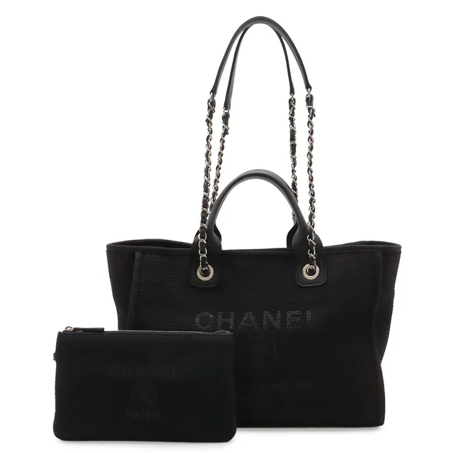 Chanel Deauville Line Small Shopping Tote 2-Way Chain Shoulder Bag Canvas Black in Black Canvas from The Reluxe