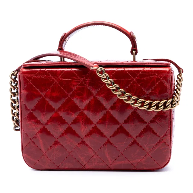 Red Chanel CC Quilted Glazed Calfskin Vanity Case Satchel in Red Calfskin from Designer Revival