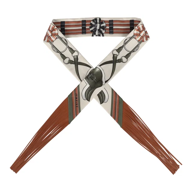 Hermès "Jumping Leather" Crème, Kaki and Beige Dore Fringe Silk Twilly in Beige Silk from Madison Avenue Couture