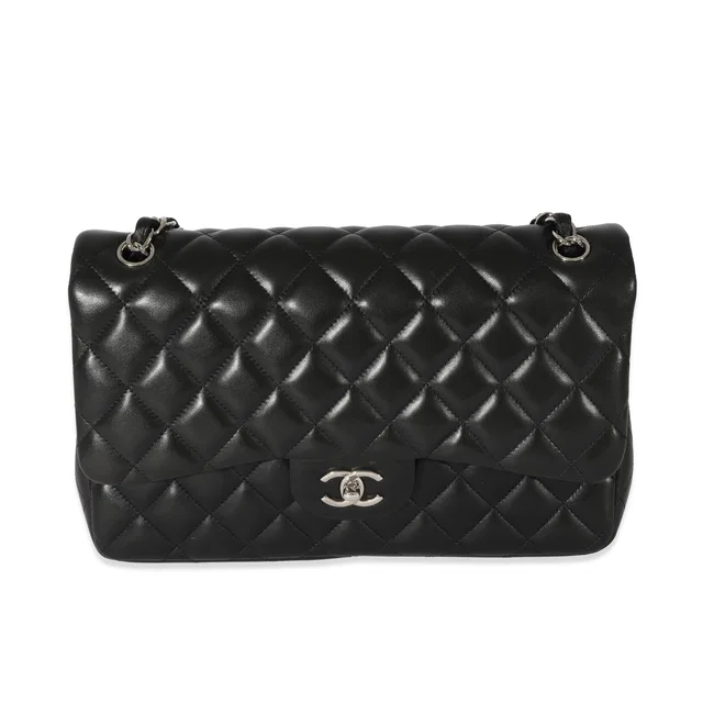 Chanel Black Quilted Lambskin Jumbo Classic Double Flap Bag Leather Handbag in Black Lambskin from HEWI