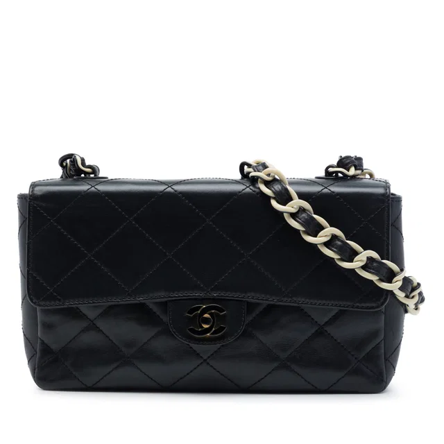 Black Chanel Medium Quilted Lambskin Resin Chain Single Flap Shoulder Bag in Black Lambskin from Designer Revival
