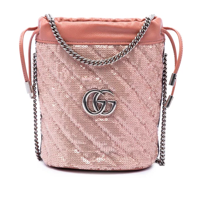 Pink Gucci Small GG Marmont Sequined Diagonal Matelasse Calfskin Bucket Bag in Pink Calfskin from Designer Revival