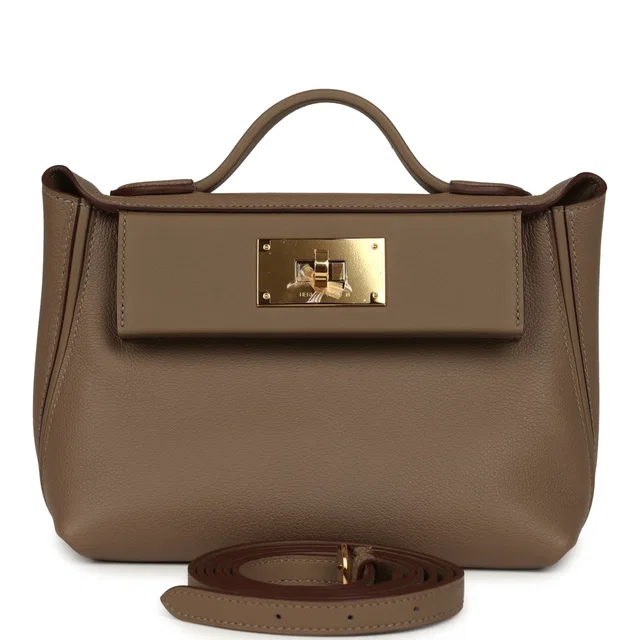 Hermès Mini 24/ Bag Etoupe Evercolor and Swift Gold Hardware in Taupe Swift leather from Madison Avenue Couture