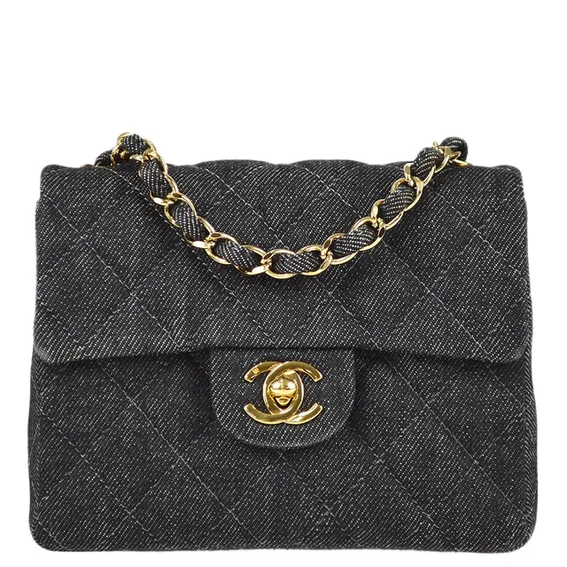 Chanel 1997-1999 Black Denim Mini Classic Square Flap Shoulder Bag 17 in Black Denim from AMORE Vintage Tokyo