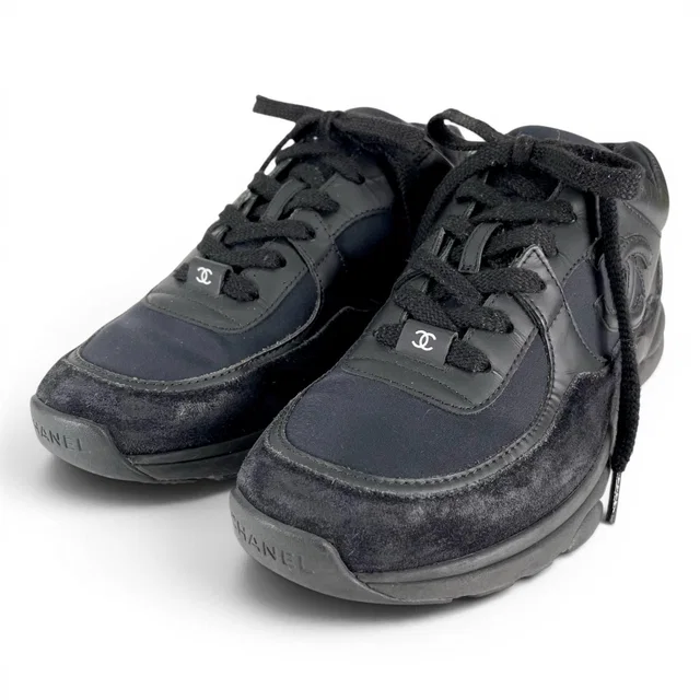 Chanel Suede Leather With CC Logo Low-Cut Sneakers Black in Black Suede from The Reluxe