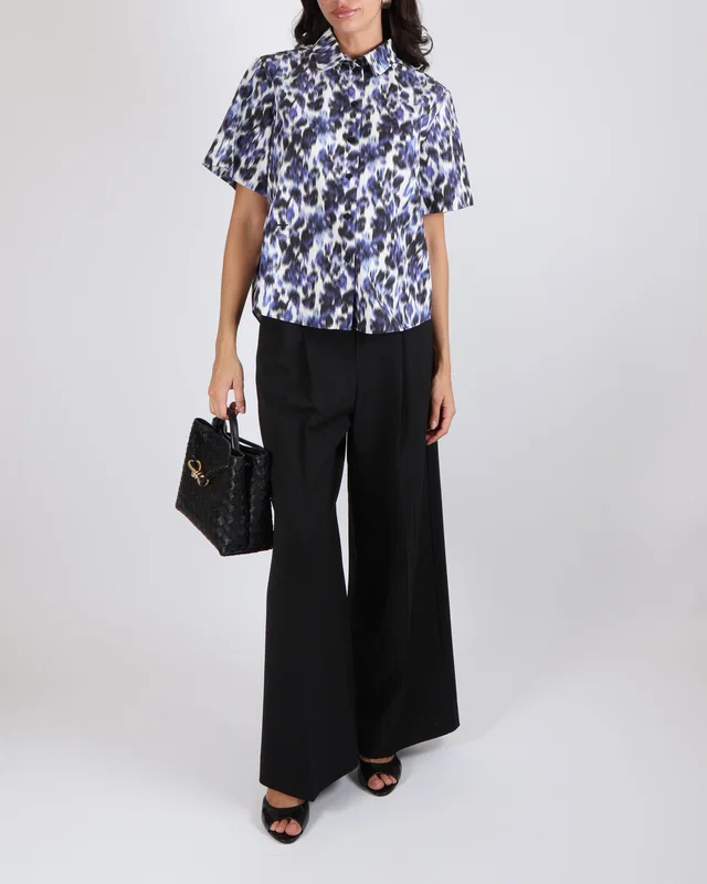 Dior Blue, White and Black Leopard Print Short-Sleeved Button Down Shirt with Black Embroidered… in Black Silk from Sellier