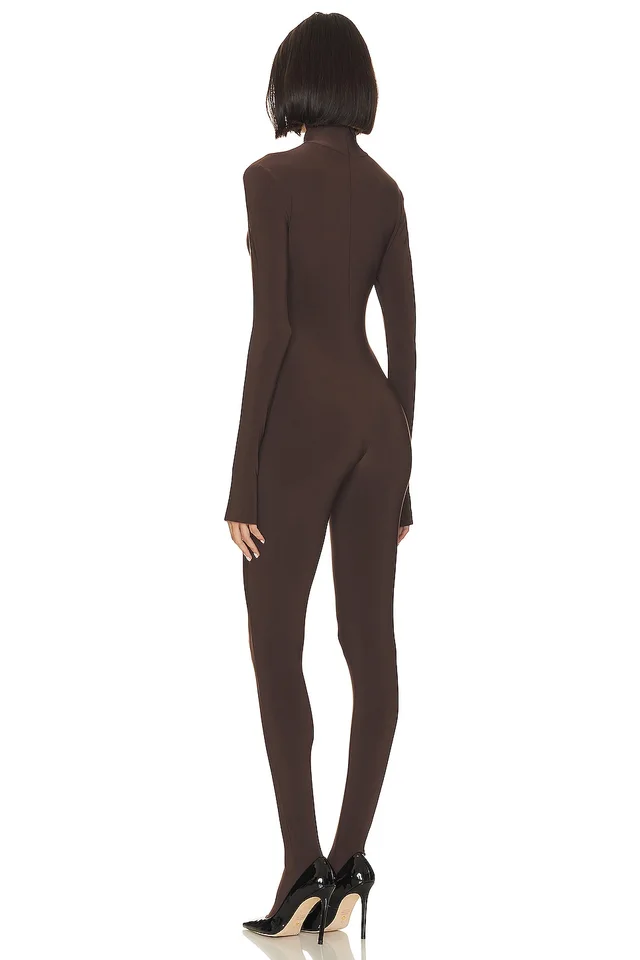Norma Kamali Slim Fit Turtle Catsuit With Footsie in Chocolate, photo 3 of 4 from REVOLVE (Canada)