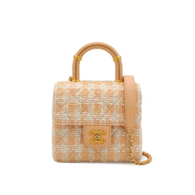 Chanel Matelasse Chain Hand Shoulder Bag Beige Tweed Gold Hardware in Beige Tweed from Luxury Promise