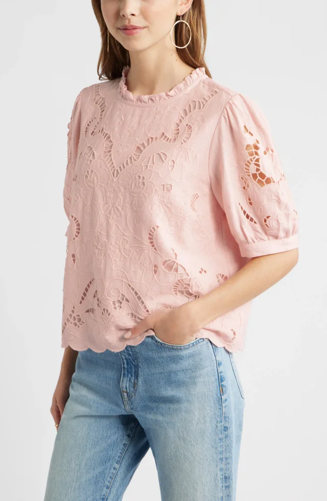 Treasure & Bond Embroidered Cutwork Puff Sleeve Linen Blend Top in Pink, photo 4 of 7 from Nordstrom Rack