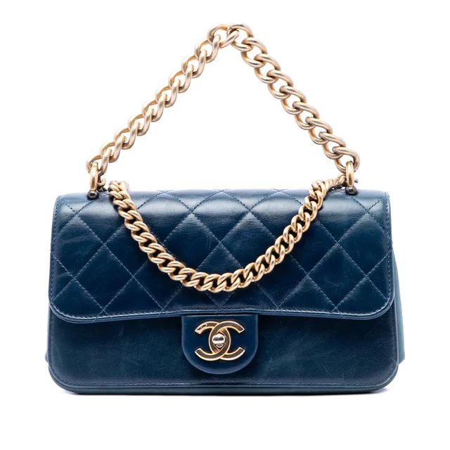 Blue Chanel Small Quilted Calfskin Straight Lined Flap Satchel in Blue Calfskin from Designer Revival