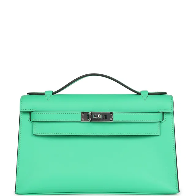 Hermès Kelly Pochette Vert Comics Swift Palladium Hardware in Green Swift leather from Madison Avenue Couture
