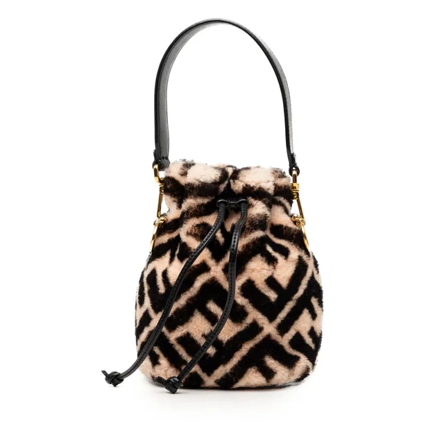 Brown Fendi Mini Zucca Shearling Mon Tresor Bucket Bag in Brown Leather from Designer Revival