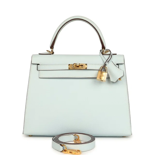 Hermès Kelly Sellier 25 Bleu Brume Epsom Gold Hardware in Blue Epsom leather from Madison Avenue Couture