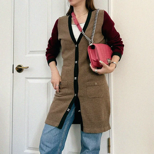 Chanel CC Turn-Lock Button Long Cardigan #40 Brown/Bordeaux in Brown Cashmere from VINTAGE QOO TOKYO