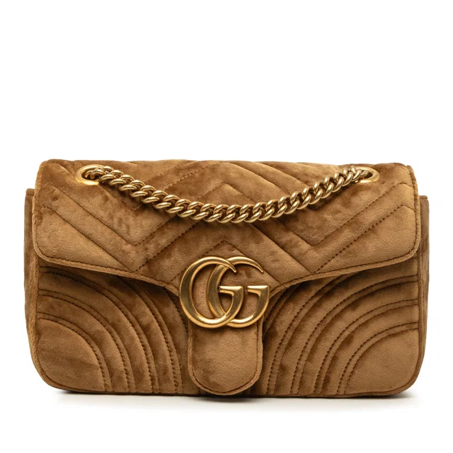Brown Gucci Medium GG Marmont Matelasse Velvet Shoulder Bag in Brown Velvet from Designer Revival