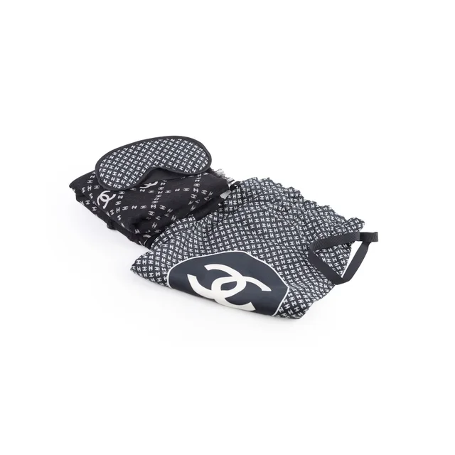 Chanel CC Silk Travel Set Black/White (Pouch, Scarf, Eye Mask) in Black Silk from The Purse Affair