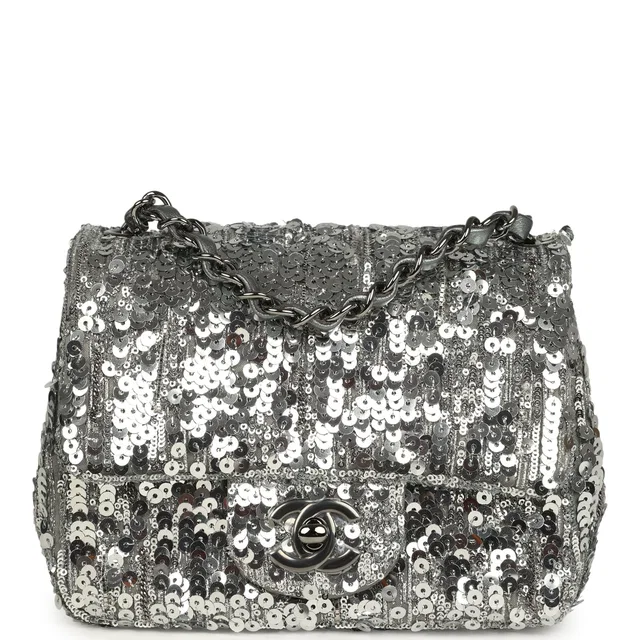 Chanel Mini Classic Square Flap Bag Metallic Silver Sequins Ruthenium Hardware in Silver Satin from Madison Avenue Couture