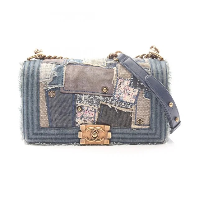 Chanel Shoulder Bag Patchwork Denim Blue Chain in Blue Denim from The Reluxe