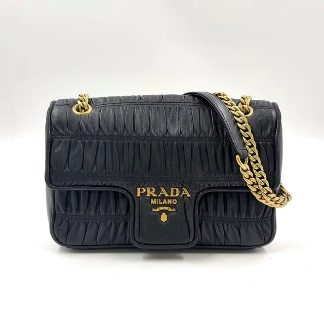 Prada Gathered Lambskin Black Chain Shoulder Bag Gold in Black Lambskin from The Reluxe