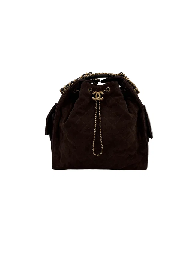 HK LOCATED* CHANEL 25 MEDIUM HANDBAG DARK BROWN Suede with Gold-Tone Hardware in Brown Suede from Luxury Promise