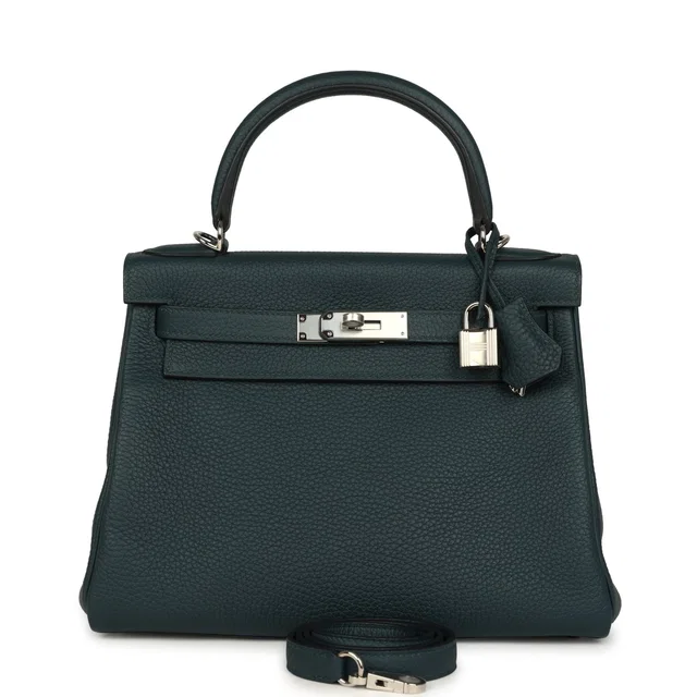 Hermès Kelly Retourne 28 Vert Cypress Clemence Palladium Hardware in Green Clemence leather from Madison Avenue Couture