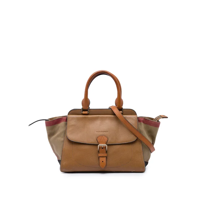 Brown Burberry Leather and House Check Canvas Harcourt Satchel in Brown Canvas from Designer Revival