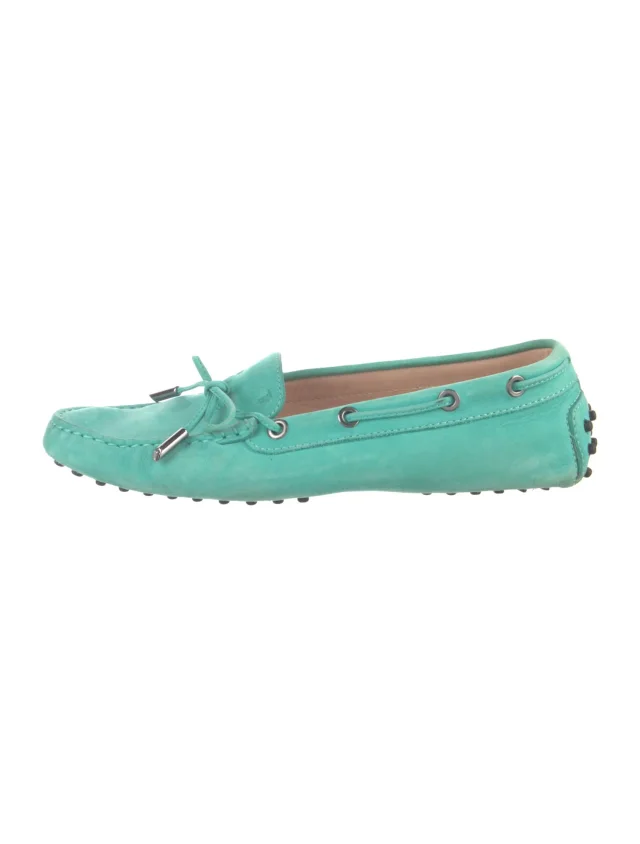 Tod's Suede Whipstitch Trim Loafers in green Suede from The RealReal