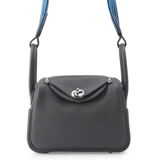 Hermès Lindy Carbon/Caban/Blue Hydra Taurillon Clemence Size Mini in Blue Clemence leather from GALLERY RARE
