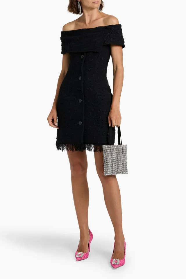 Oscar de la Renta Off-the-Shoulder Cotton-Blend Bouclé-Tweed Mini Dress in Black, photo 2 of 4 from THE OUTNET