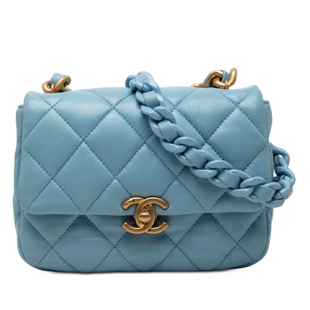 Blue Chanel Mini Quilted Lambskin Lacquered Chain Flap Crossbody Bag in Blue Lambskin from Designer Revival